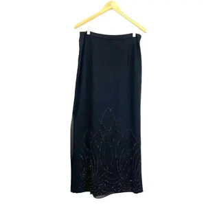 Dress Barn Black Sheer Long Skirt Lined Large Beaded Side Slit‎